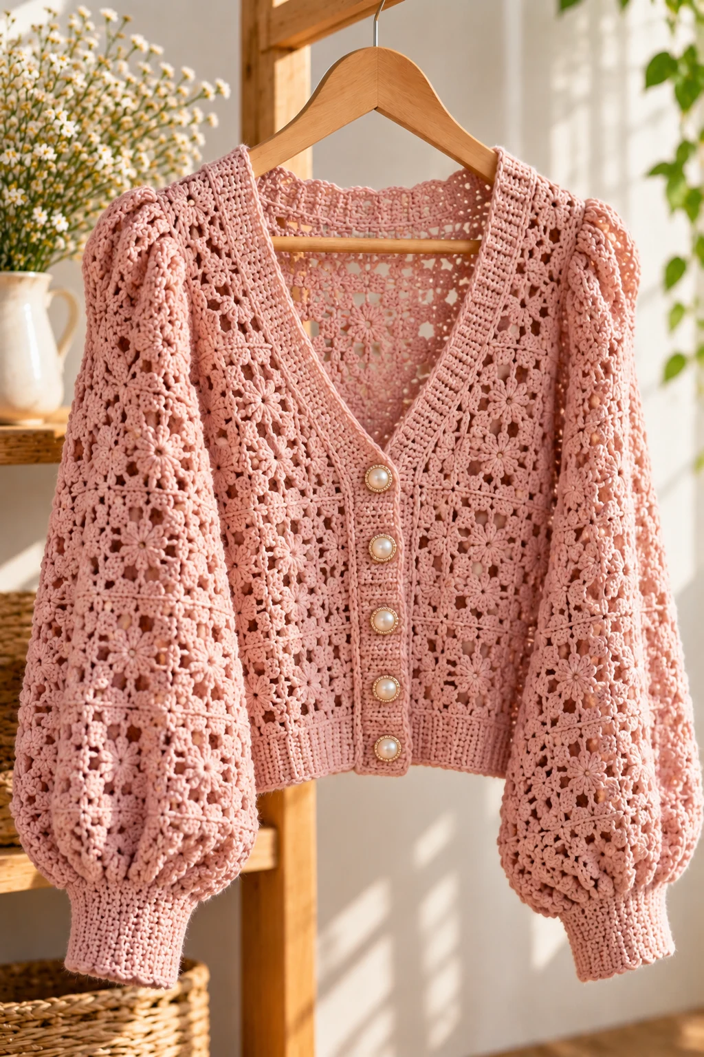 elegant Crochet Cardigan with Puff Sleeves — crochet apparel