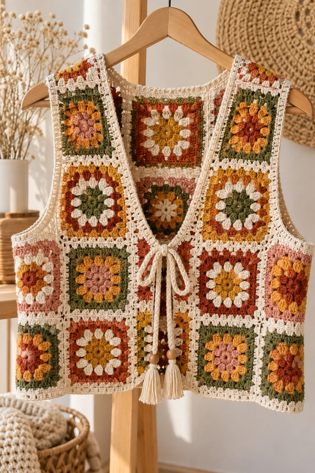 The Boho Crochet Granny Square Vest — crochet autumn clothes style outfit