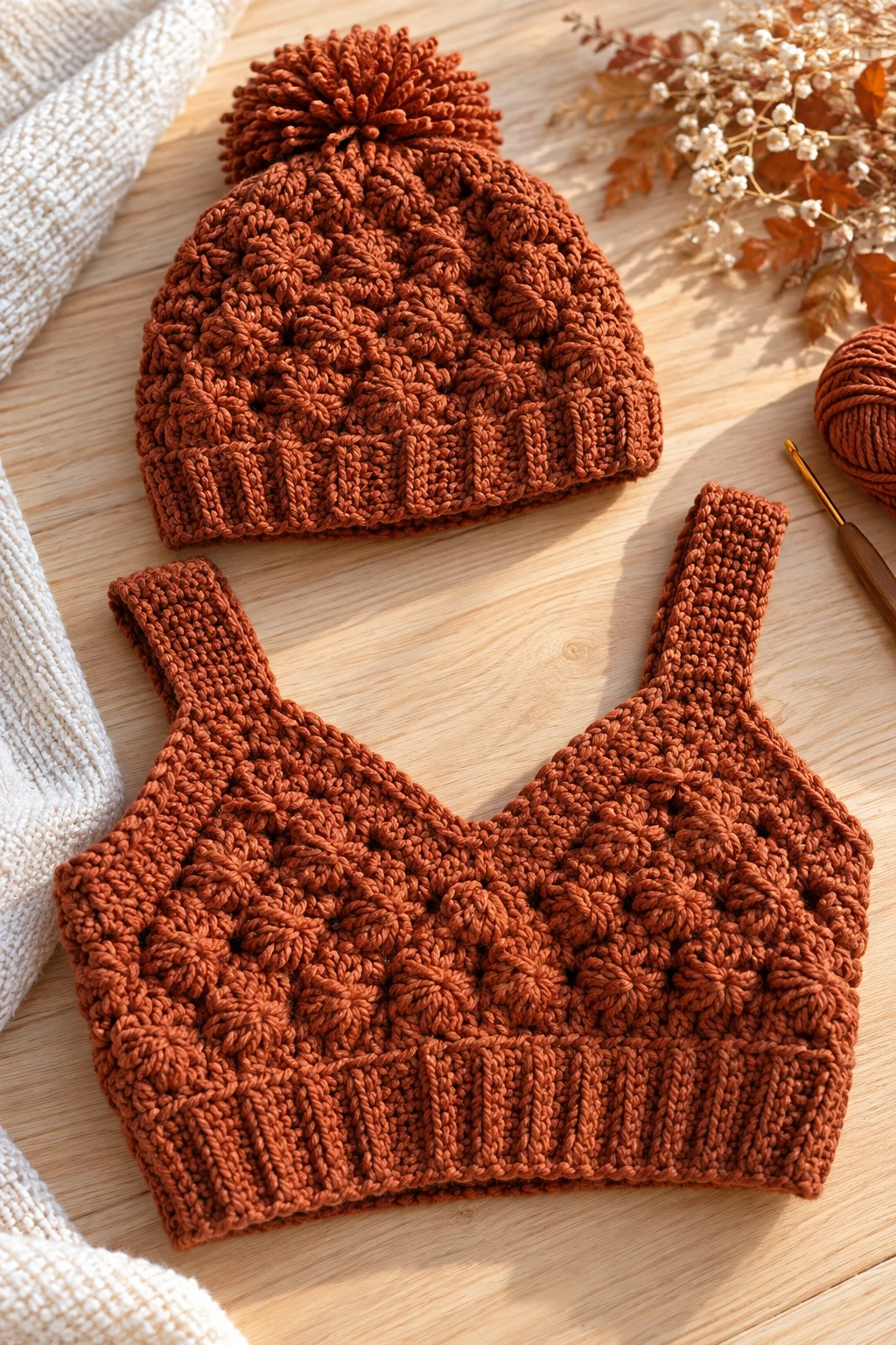 The Textured Crochet Beanie and Matching Top — crochet autumn clothes style outfit