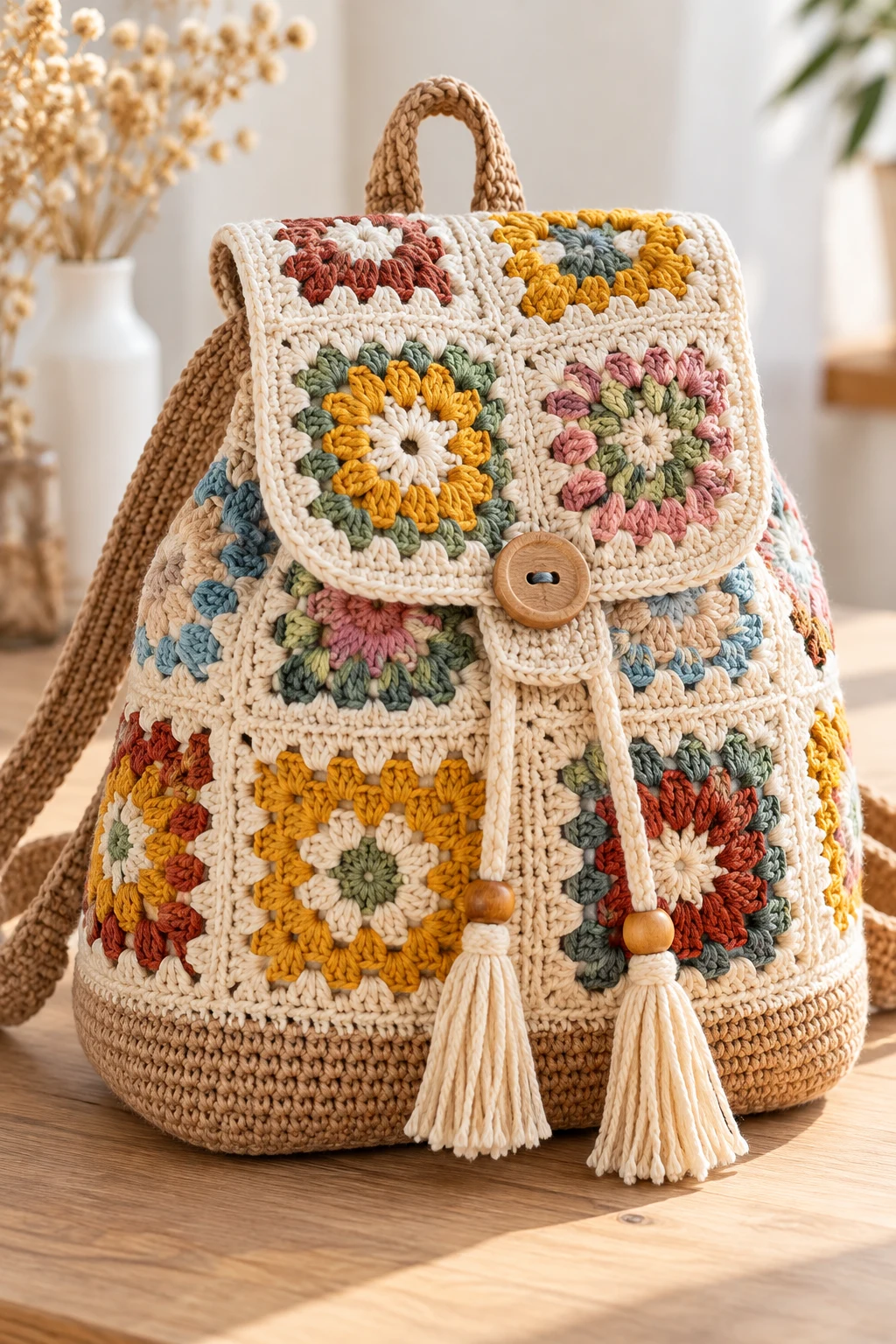 Classic Boho Granny Square Backpack — Crochet Backpack Patterns style outfit