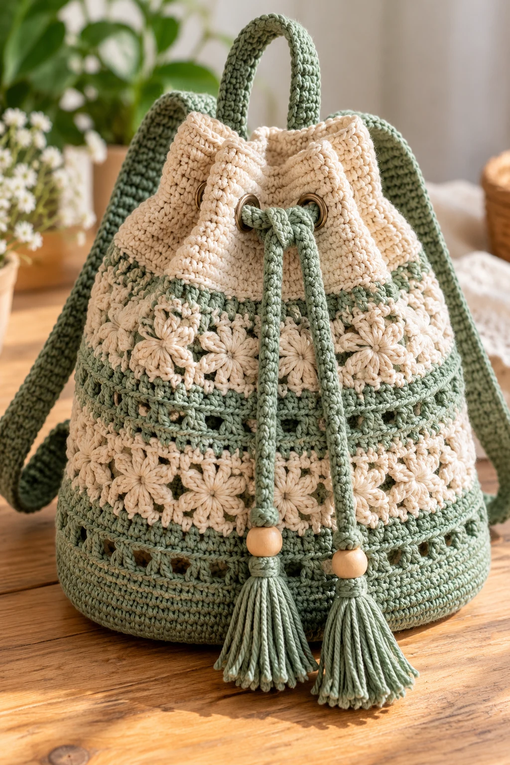 Crochet Backpack With a Drawstring Bucket Shape — Crochet Backpack Patterns style outfit