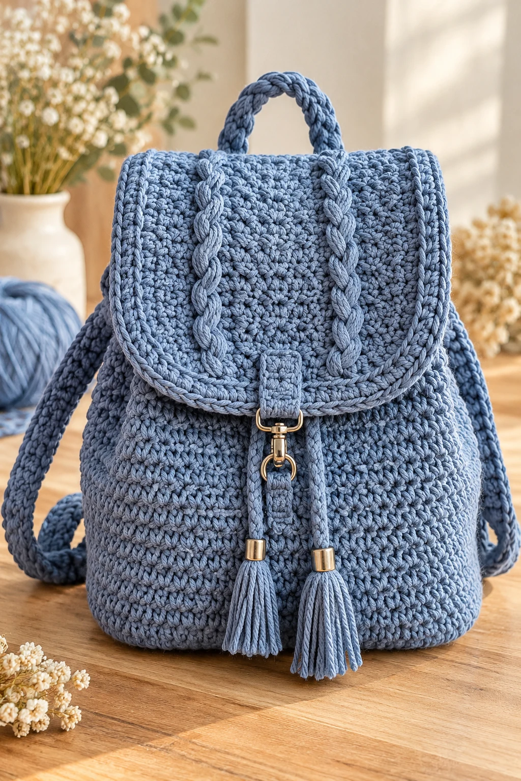 Elegant Dusty Blue Backpack With a Flap and Braided Straps — Crochet Backpack Patterns style outfit