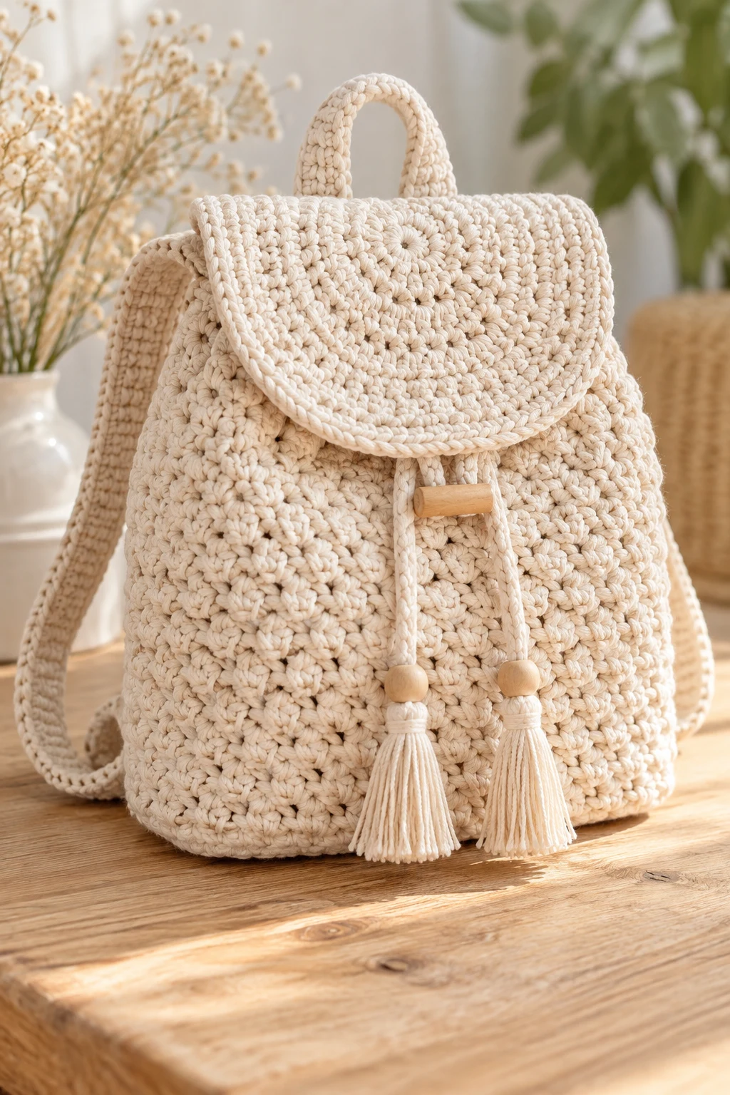 Minimalist Cream Cotton Backpack — Crochet Backpack Patterns style outfit