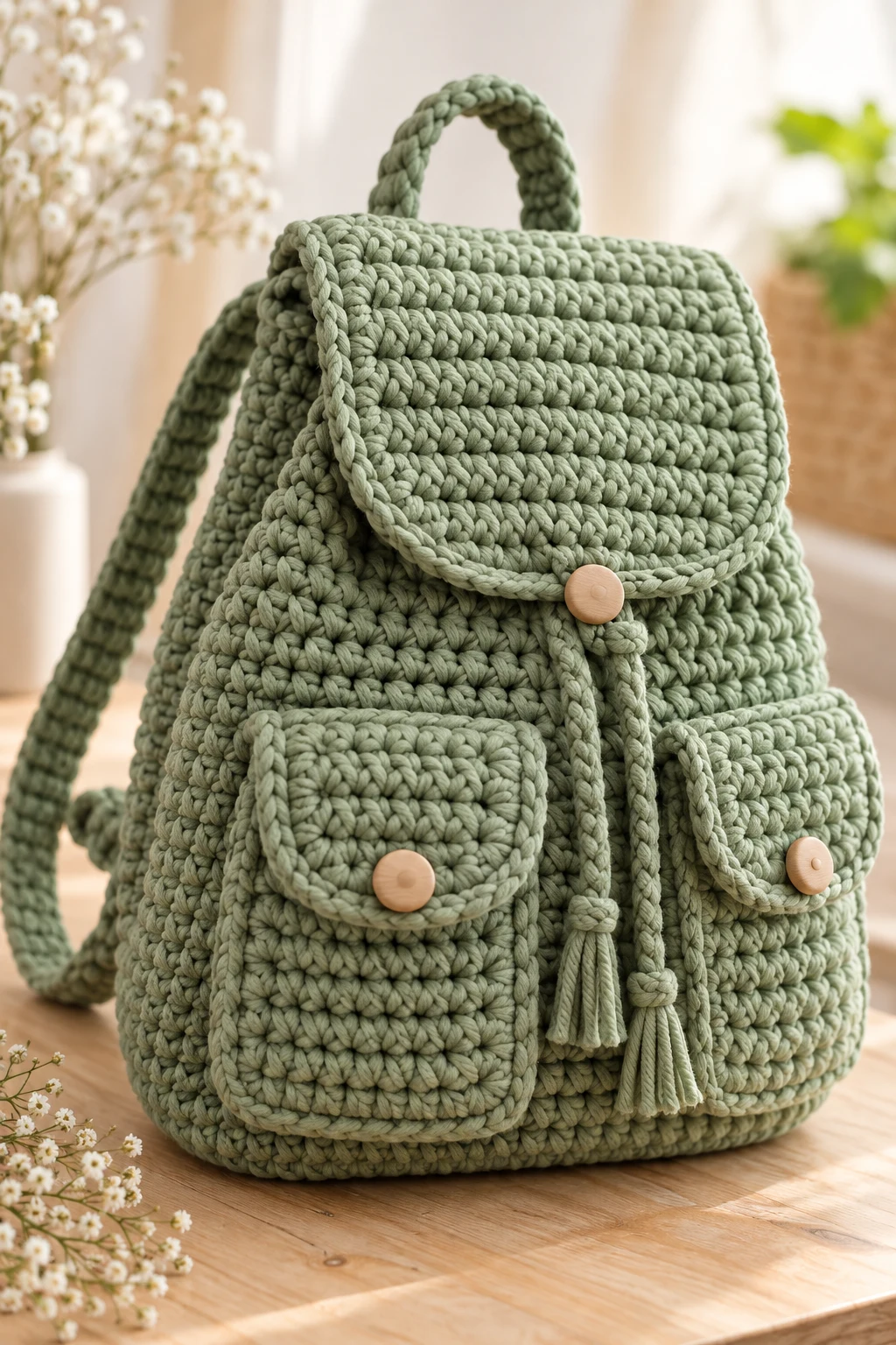 Chunky Sage Green Backpack — Crochet Backpack Patterns style outfit