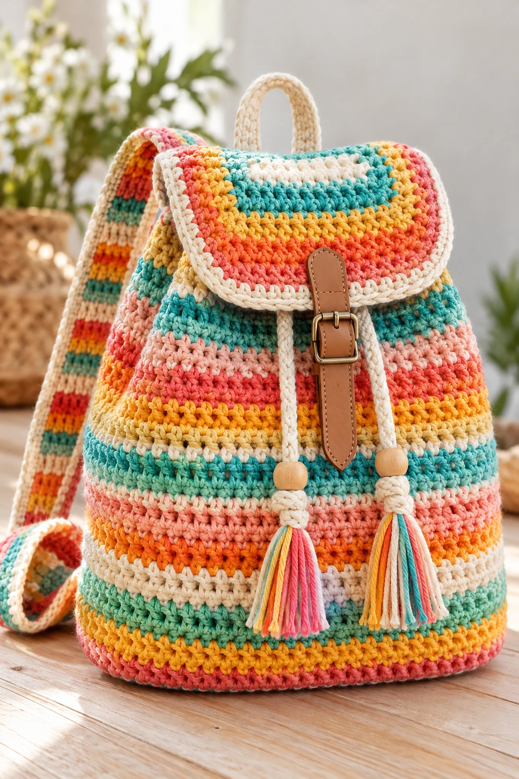 Colorful Striped Summer Backpack — Crochet Backpack Patterns style outfit