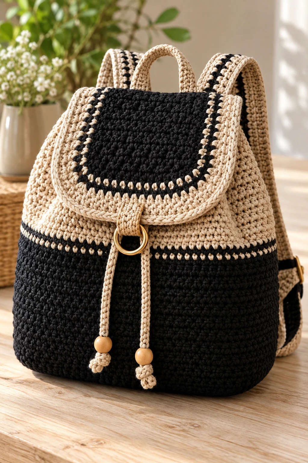 Two-Tone Black and Beige Backpack — Crochet Backpack Patterns style outfit
