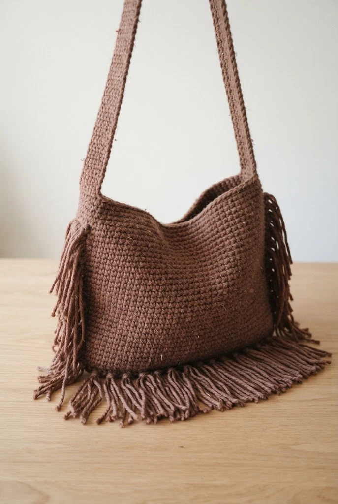Rust-Tinted Boho Fringe Bag — crochet bag brown style outfit
