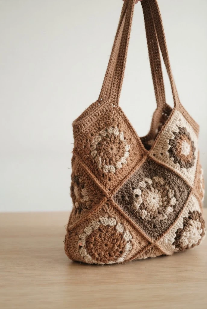 Cinnamon Square Motif Handbag — crochet bag brown style outfit
