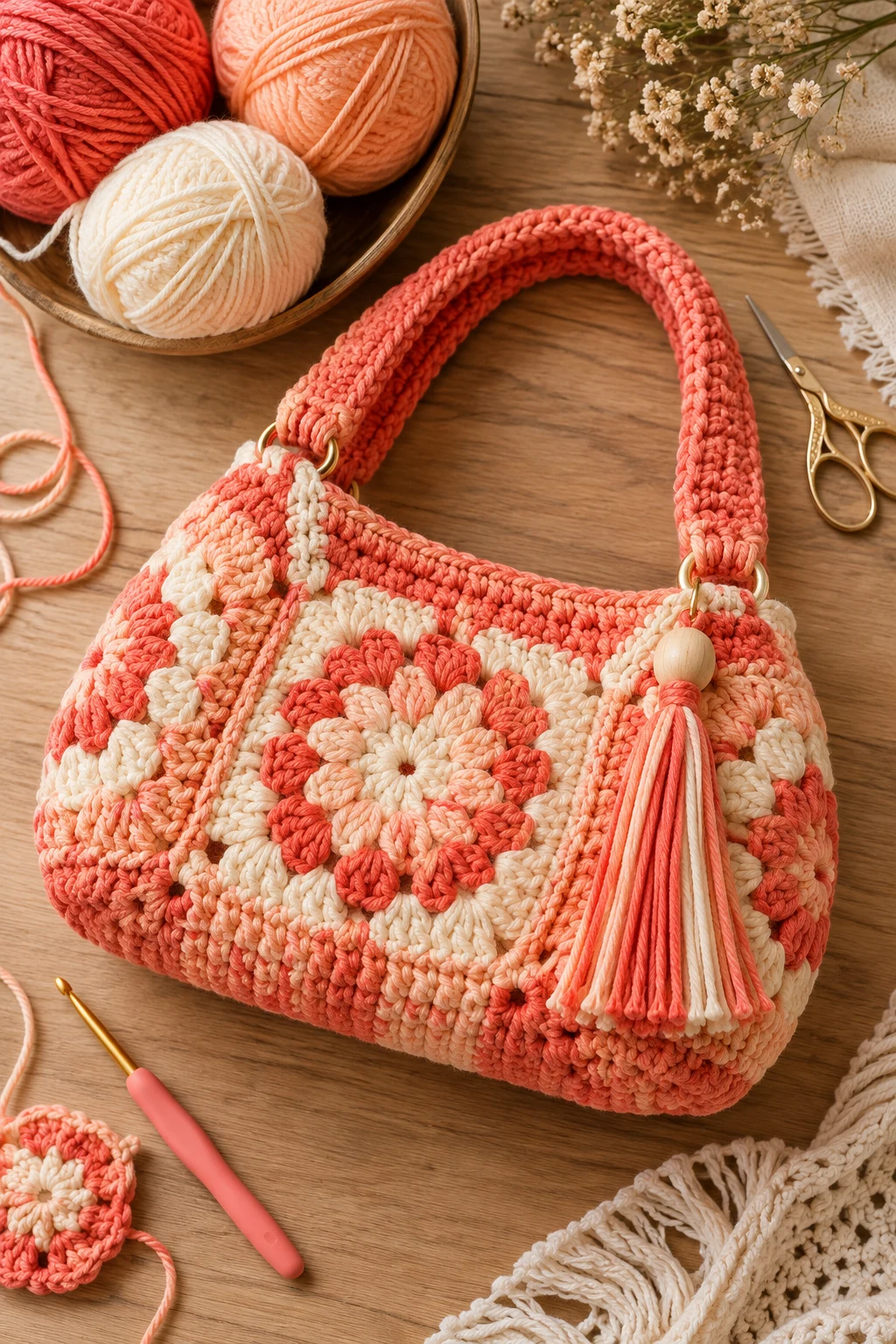Coral, Peach & Cream — crochet bag color combination style outfit