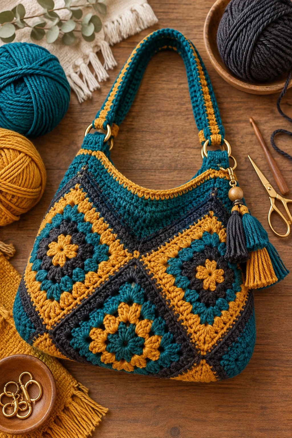 Teal, Mustard & Charcoal — crochet bag color combination style outfit