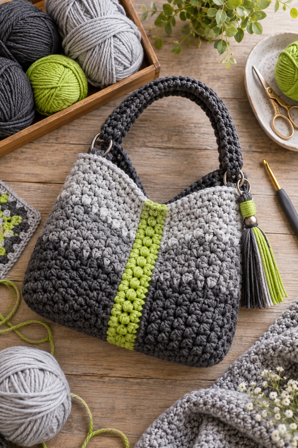 Monochrome Gray With One Lime Accent — crochet bag color combination style outfit