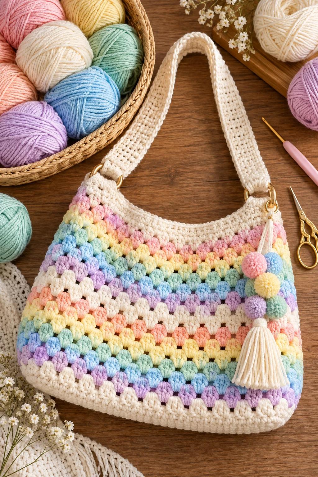 Rainbow Pastels With an Ivory Base — crochet bag color combination style outfit