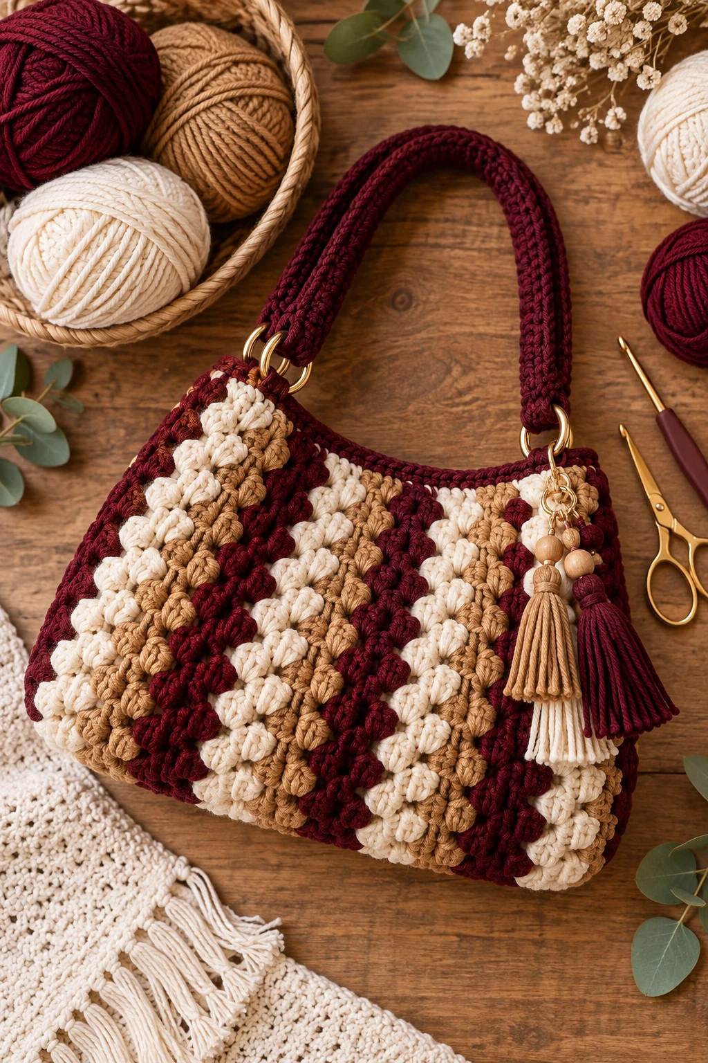Burgundy, Camel & Cream — crochet bag color combination style outfit