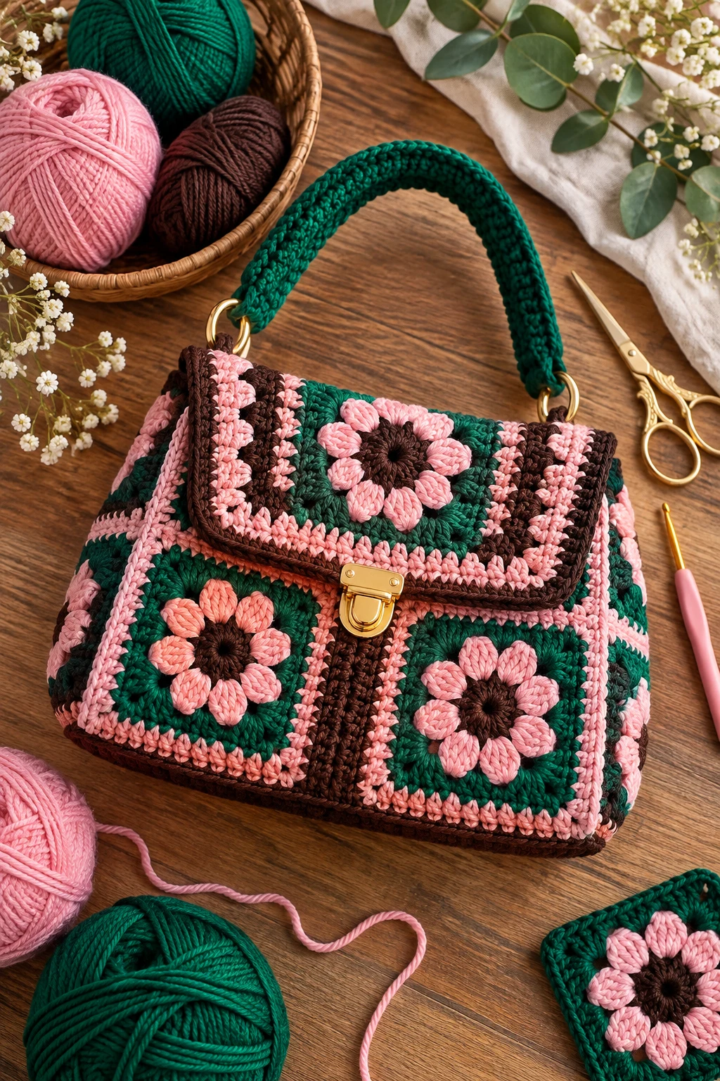 Emerald, Pink & Chocolate — crochet bag color combination style outfit
