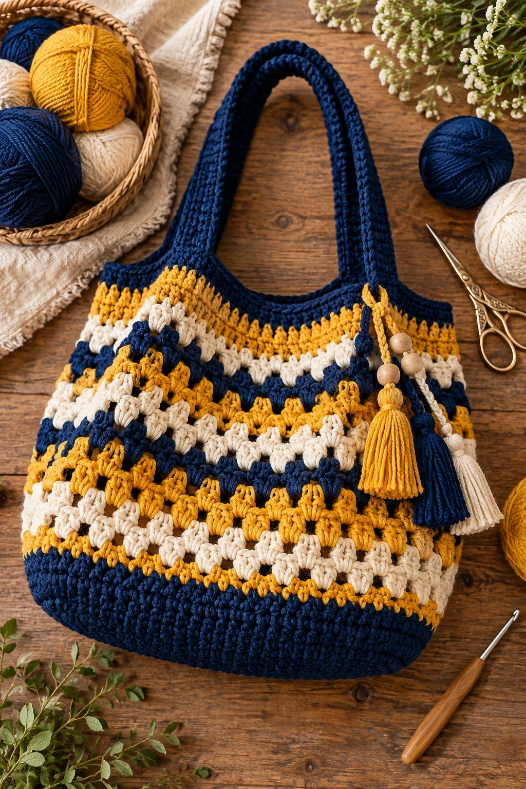 Navy, Mustard & Ivory — crochet bag color combination style outfit