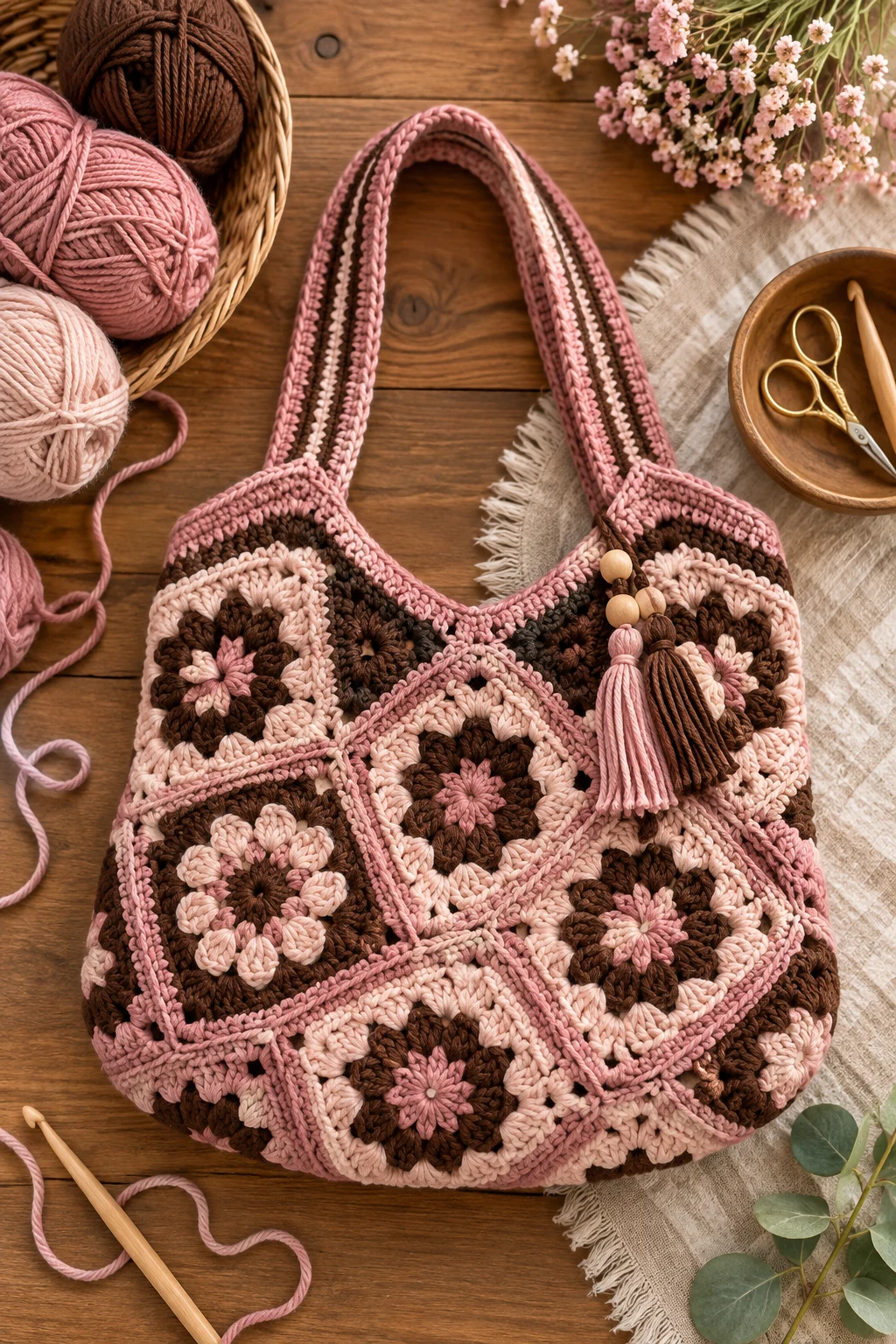 Dusty Pink, Chocolate & Blush — crochet bag color combination style outfit