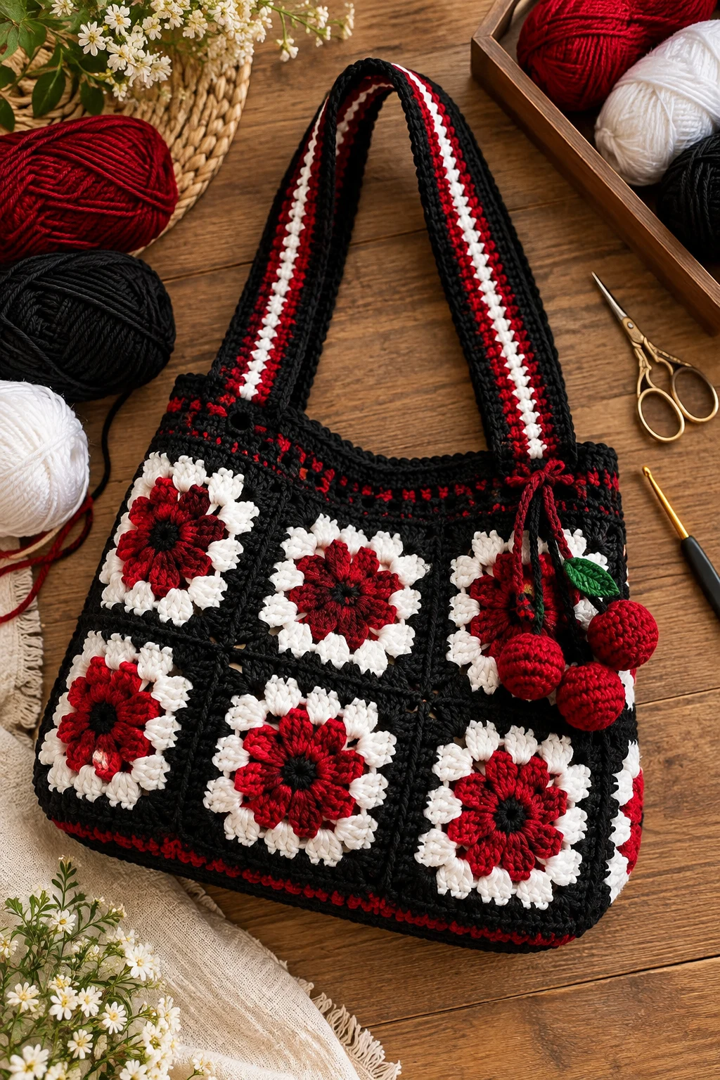 Black, White & Cherry Red — crochet bag color combination style outfit