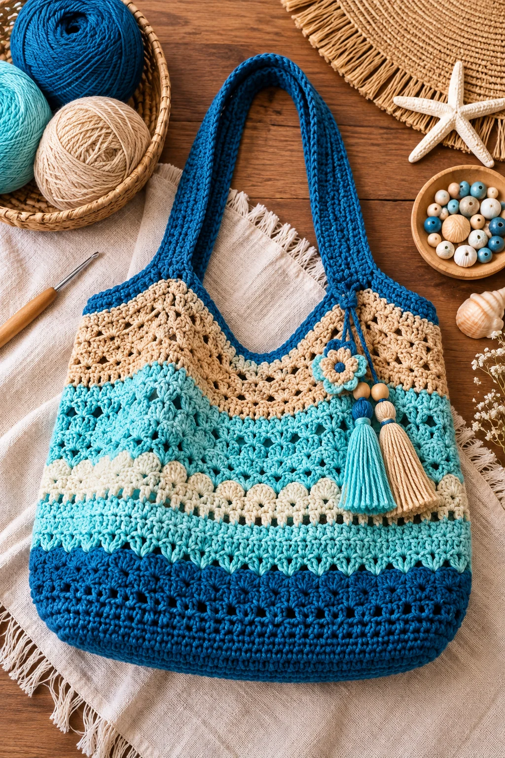 Ocean Blue, Aqua & Sand — crochet bag color combination style outfit