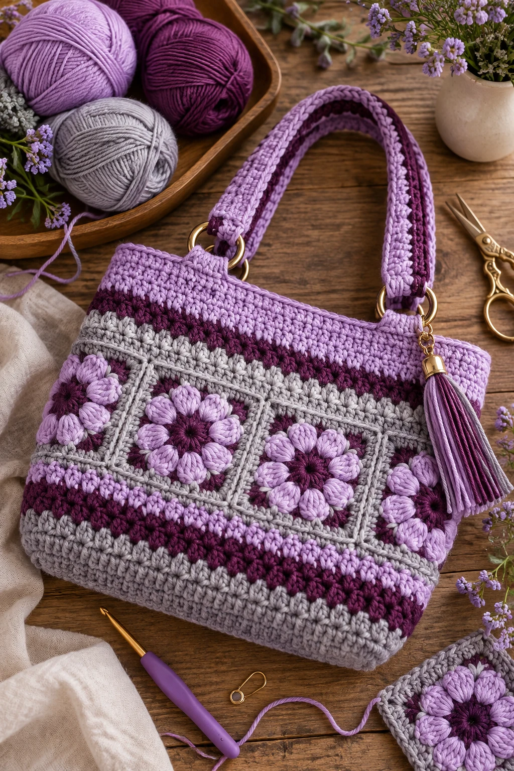 Lavender, Plum & Soft Gray — crochet bag color combination style outfit