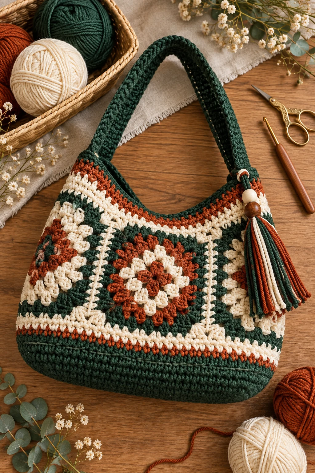 Forest Green, Cream & Rust — crochet bag color combination style outfit