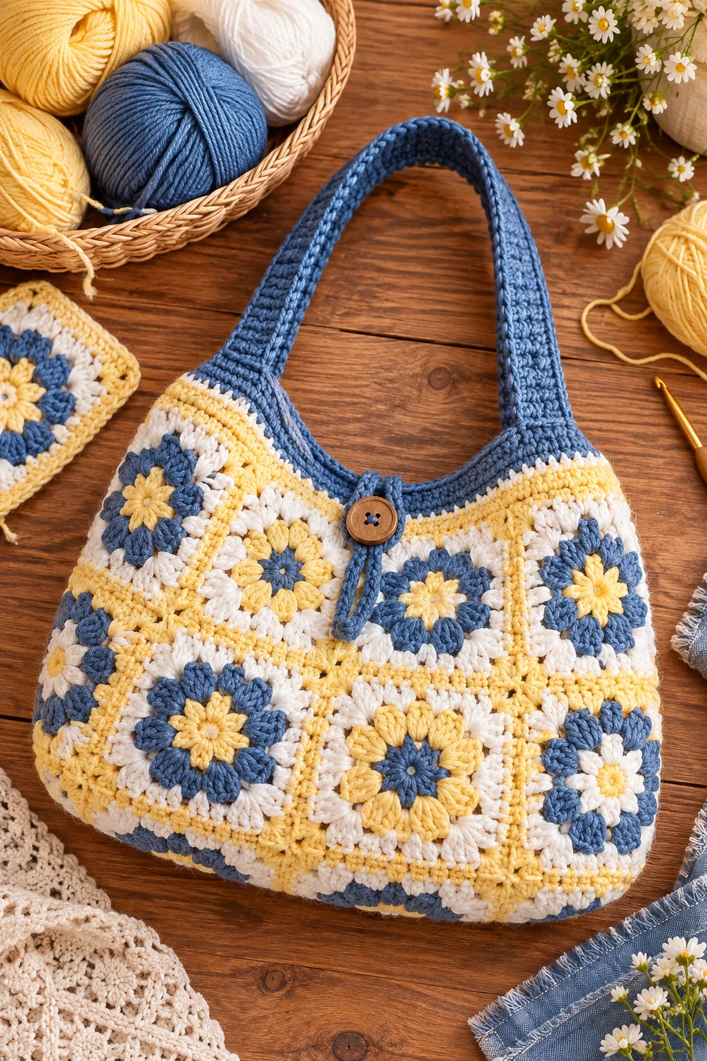 Butter Yellow, White & Denim Blue — crochet bag color combination style outfit