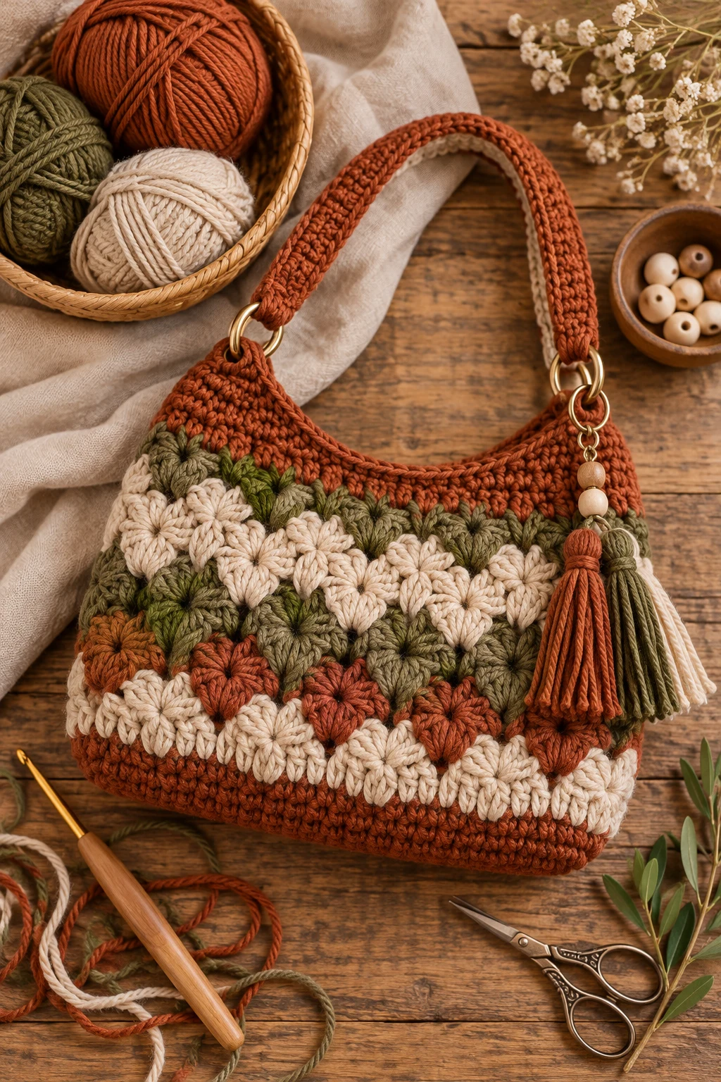 Rust, Olive & Oatmeal — crochet bag color combination style outfit