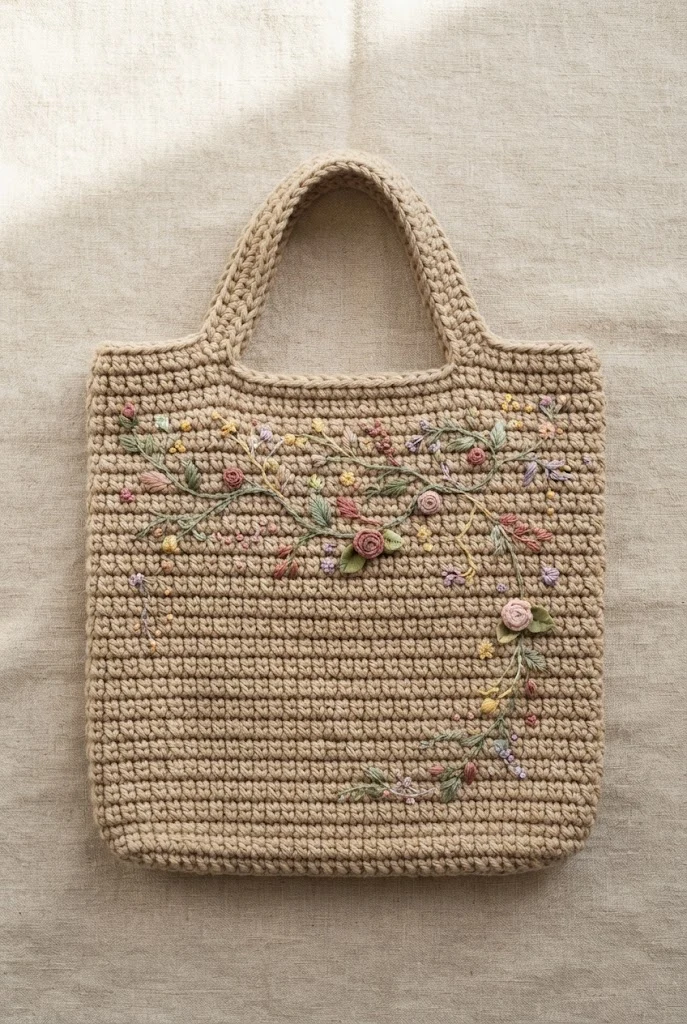 Custom Embroidered Floral Vines — crochet bag decoration