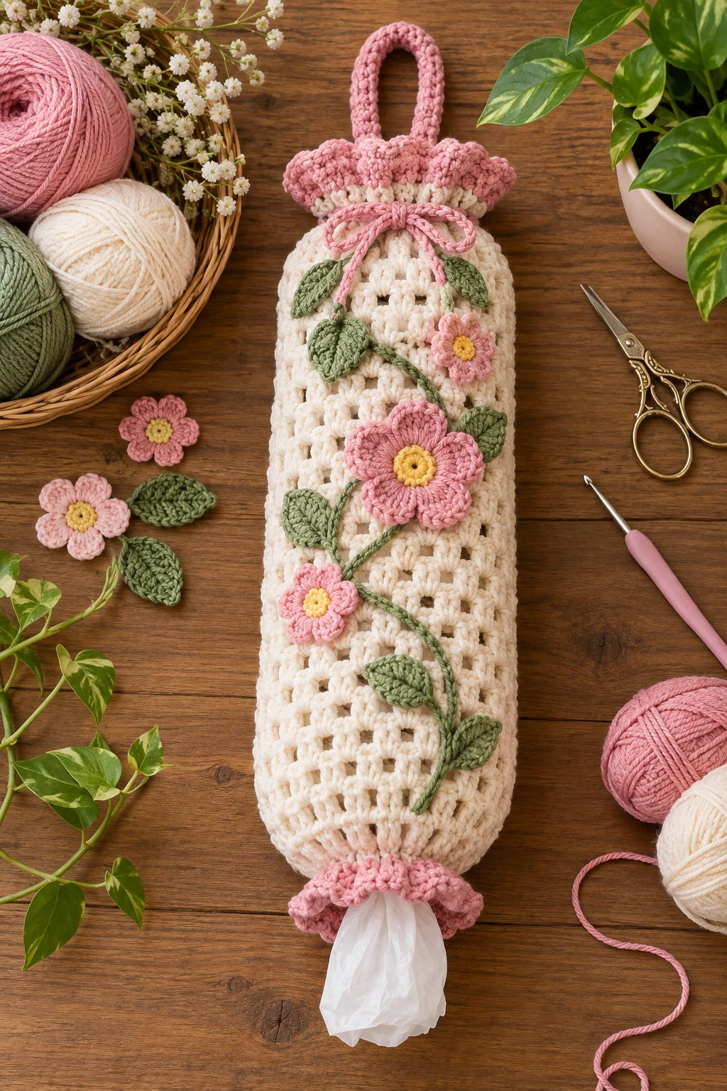 Crochet Bag Holder Pattern With a Flower — crochet bag holder for plastic bags style outfit