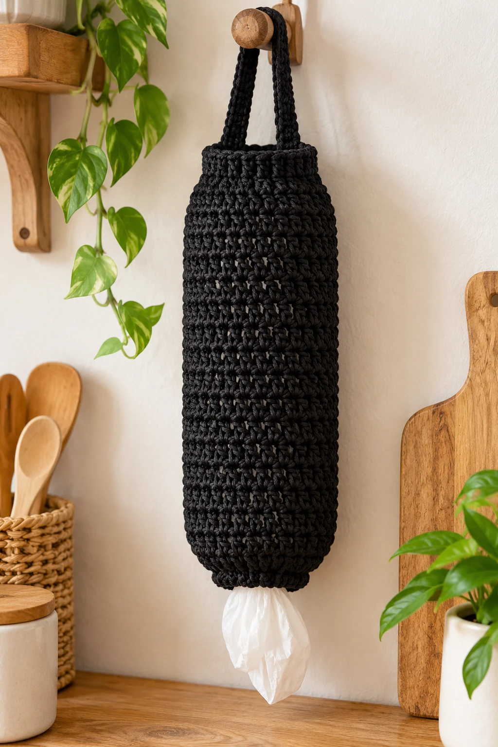 Minimalist Black Crochet Bag Holder — crochet bag holder for plastic bags style outfit