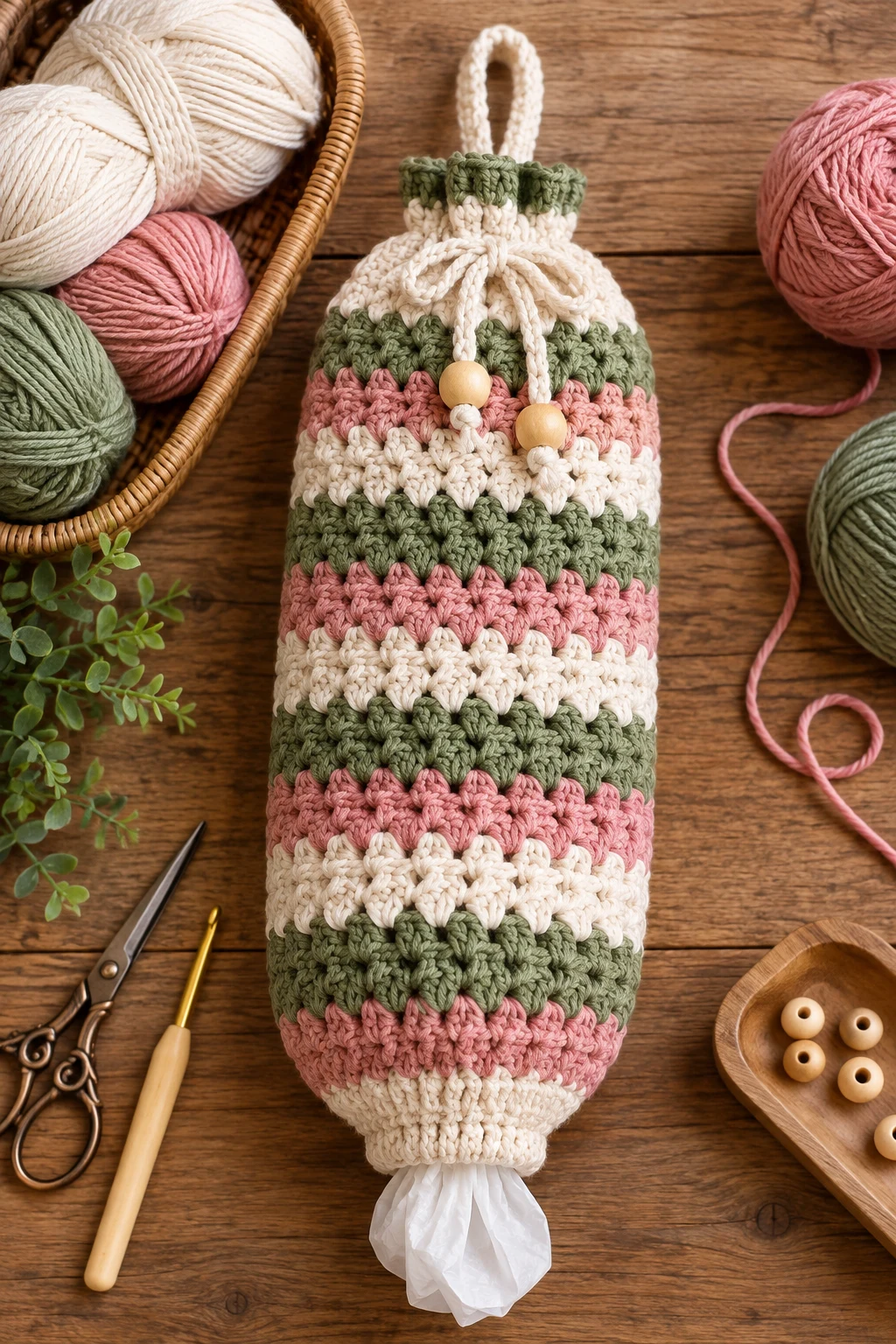 Striped Crochet Grocery Bag Holder — crochet bag holder for plastic bags style outfit