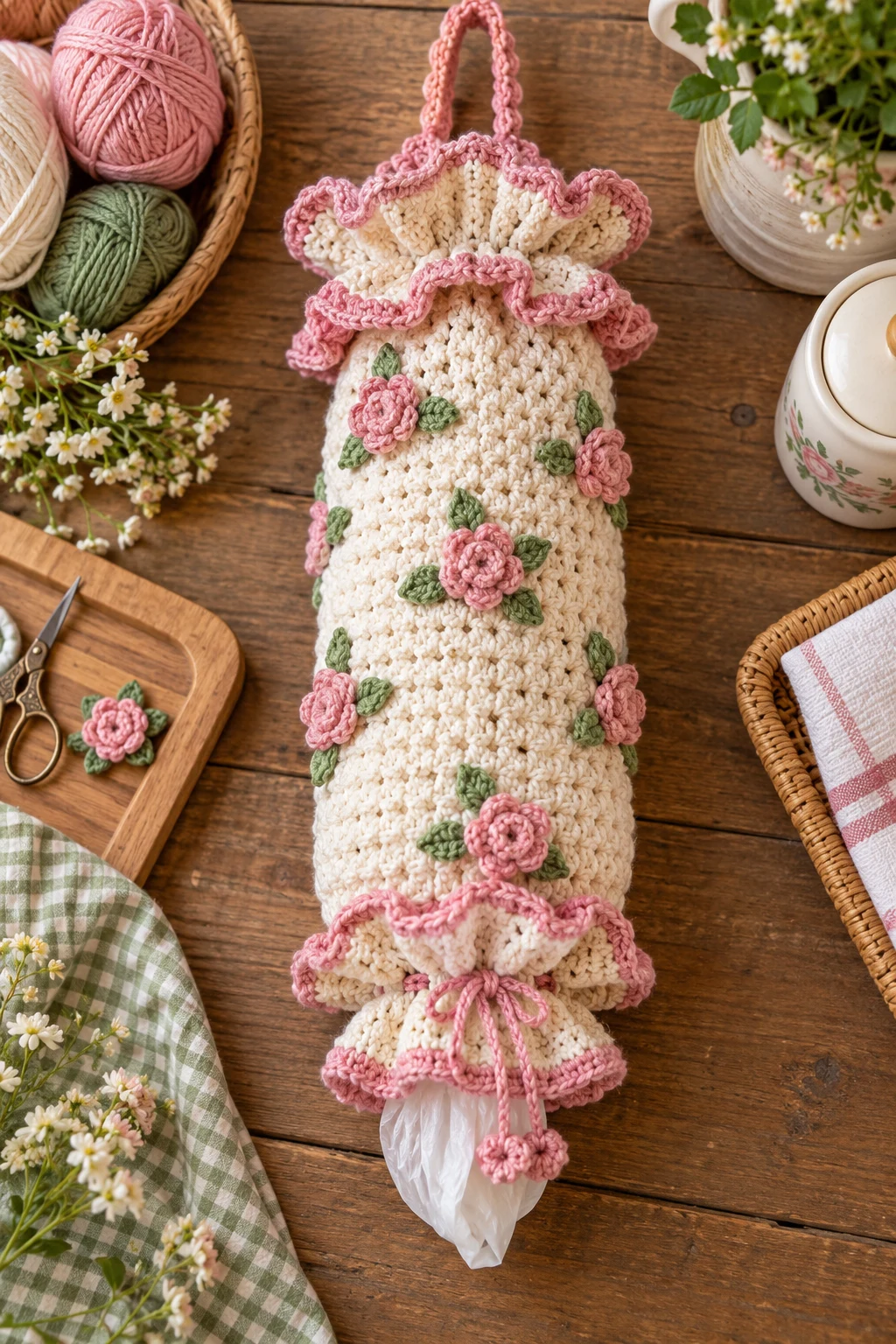 Ruffled Cottage-Style Holder — crochet bag holder for plastic bags style outfit