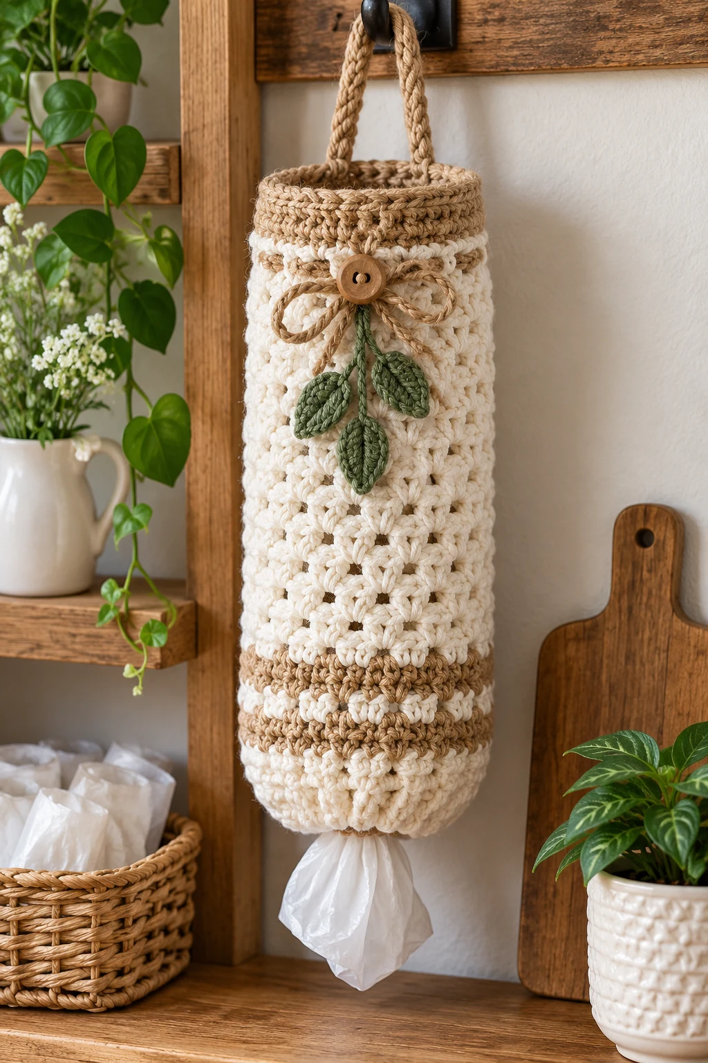 Farmhouse Rope-Loop Holder — crochet bag holder for plastic bags style outfit