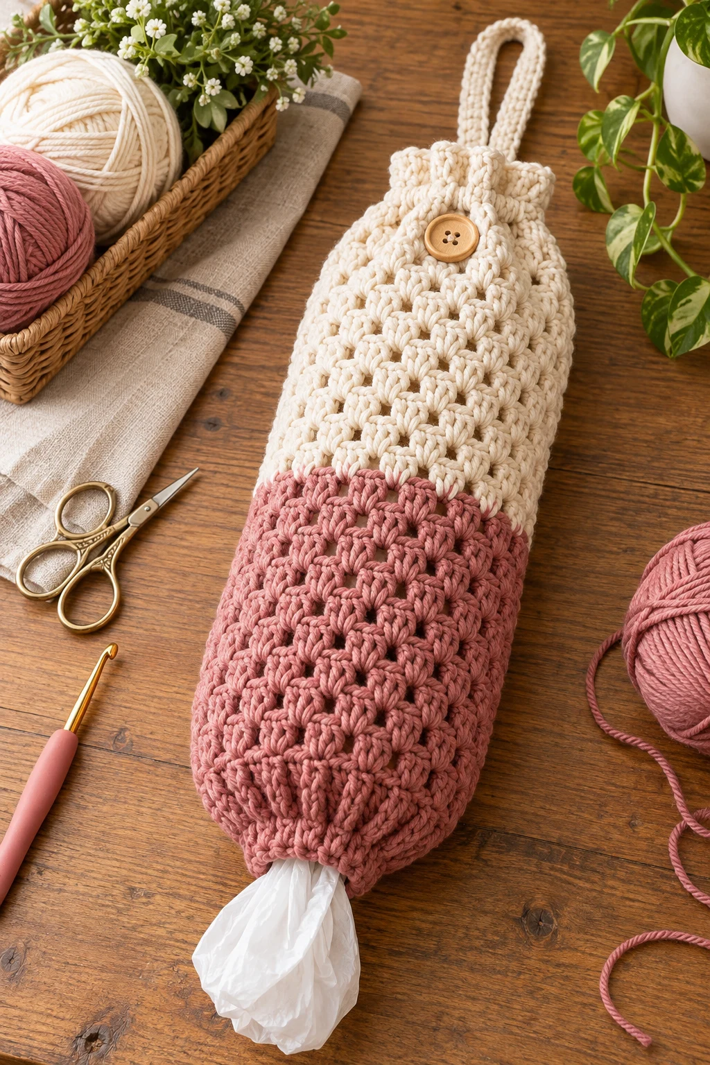Two-Tone Color-Block Design — crochet bag holder for plastic bags style outfit