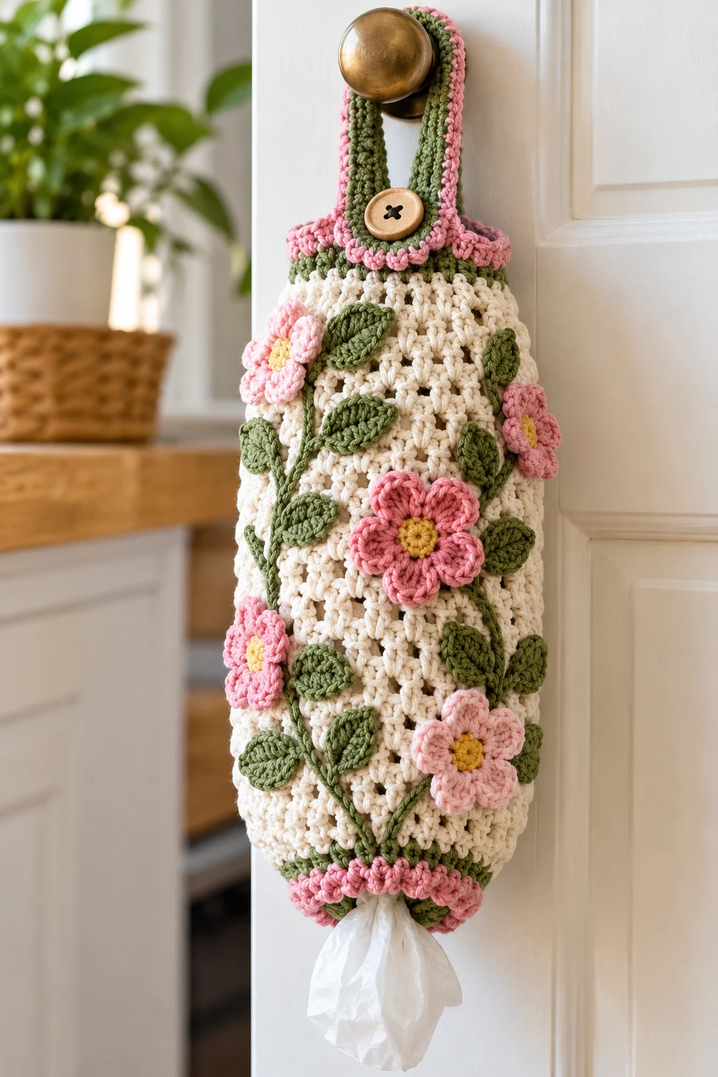 Floral Appliqué Crochet Bag Holder — crochet bag holder plastic bags style outfit