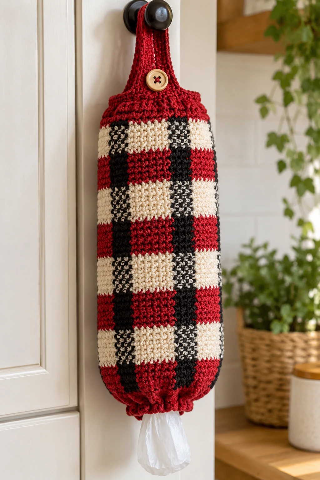 Farmhouse Buffalo-Check Crochet Bag Holder — crochet bag holder plastic bags style outfit