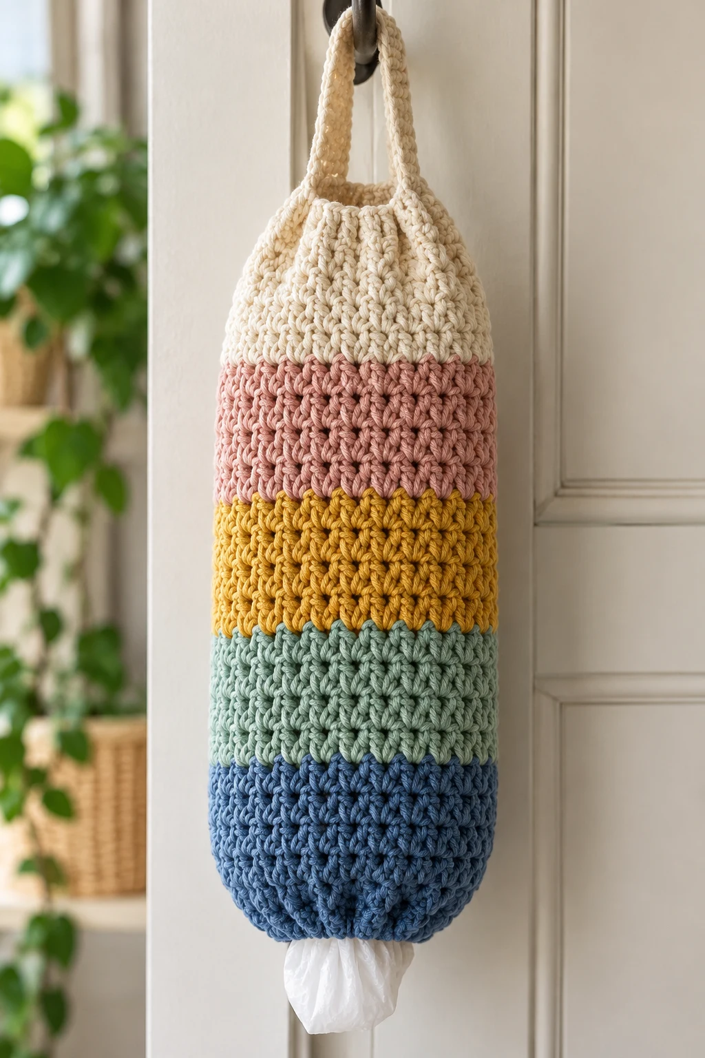 Modern Color-Block Crochet Bag Holder — crochet bag holder plastic bags style outfit