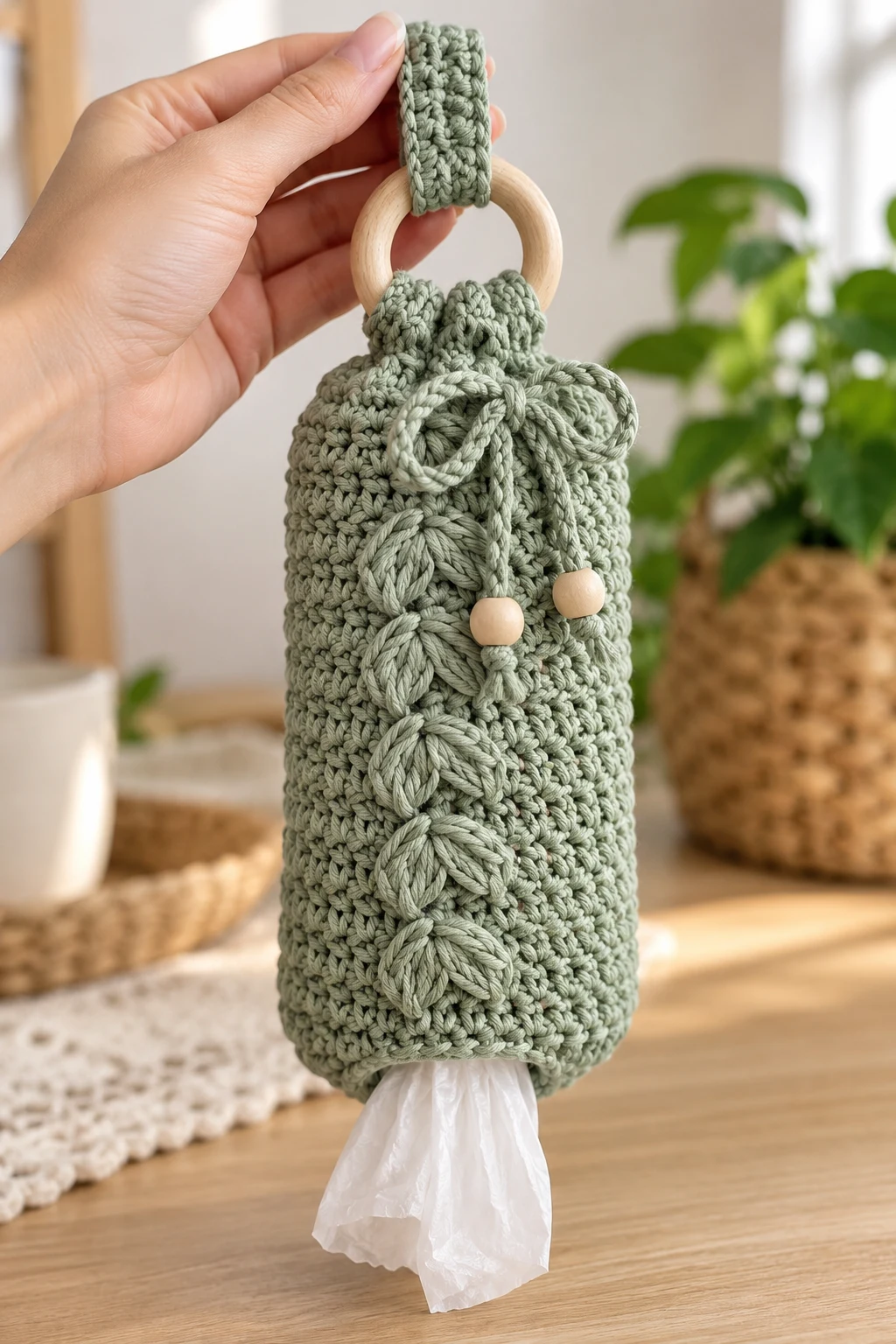 Sage Green Minimalist Bag Dispenser — crochet bag holder plastic bags style outfit