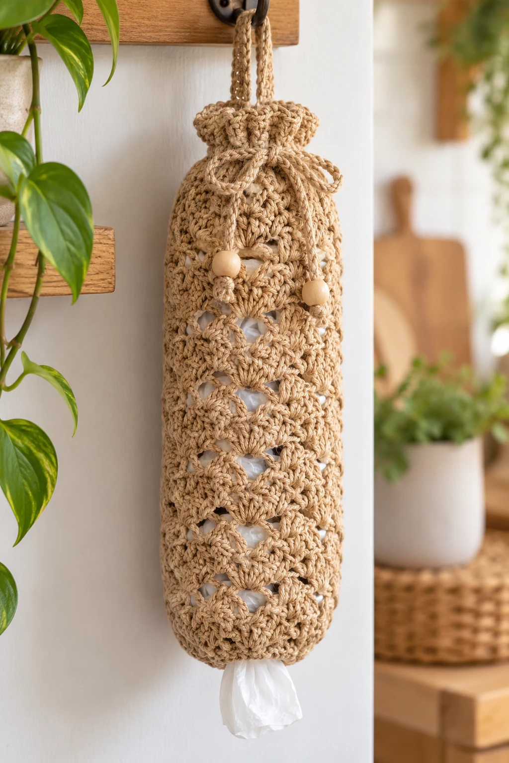 Rustic Jute-Look Crochet Bag Holder — crochet bag holder plastic bags style outfit