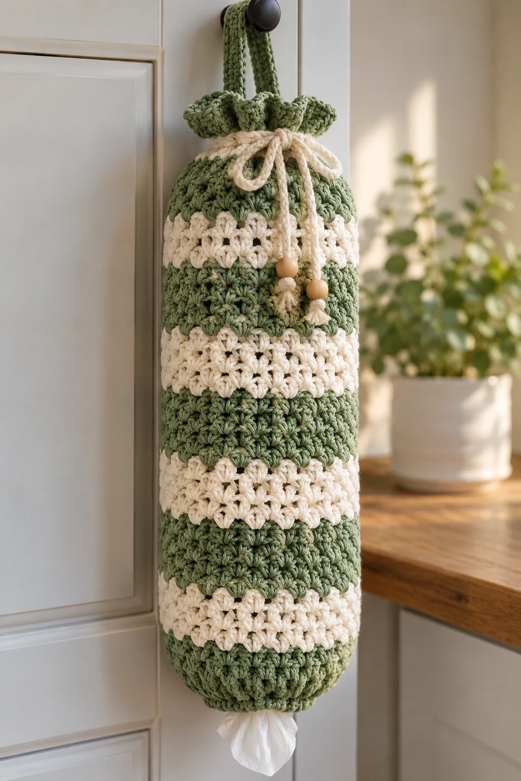 Two-Tone Striped Crochet Grocery Bag Holder — crochet bag holder plastic bags style outfit