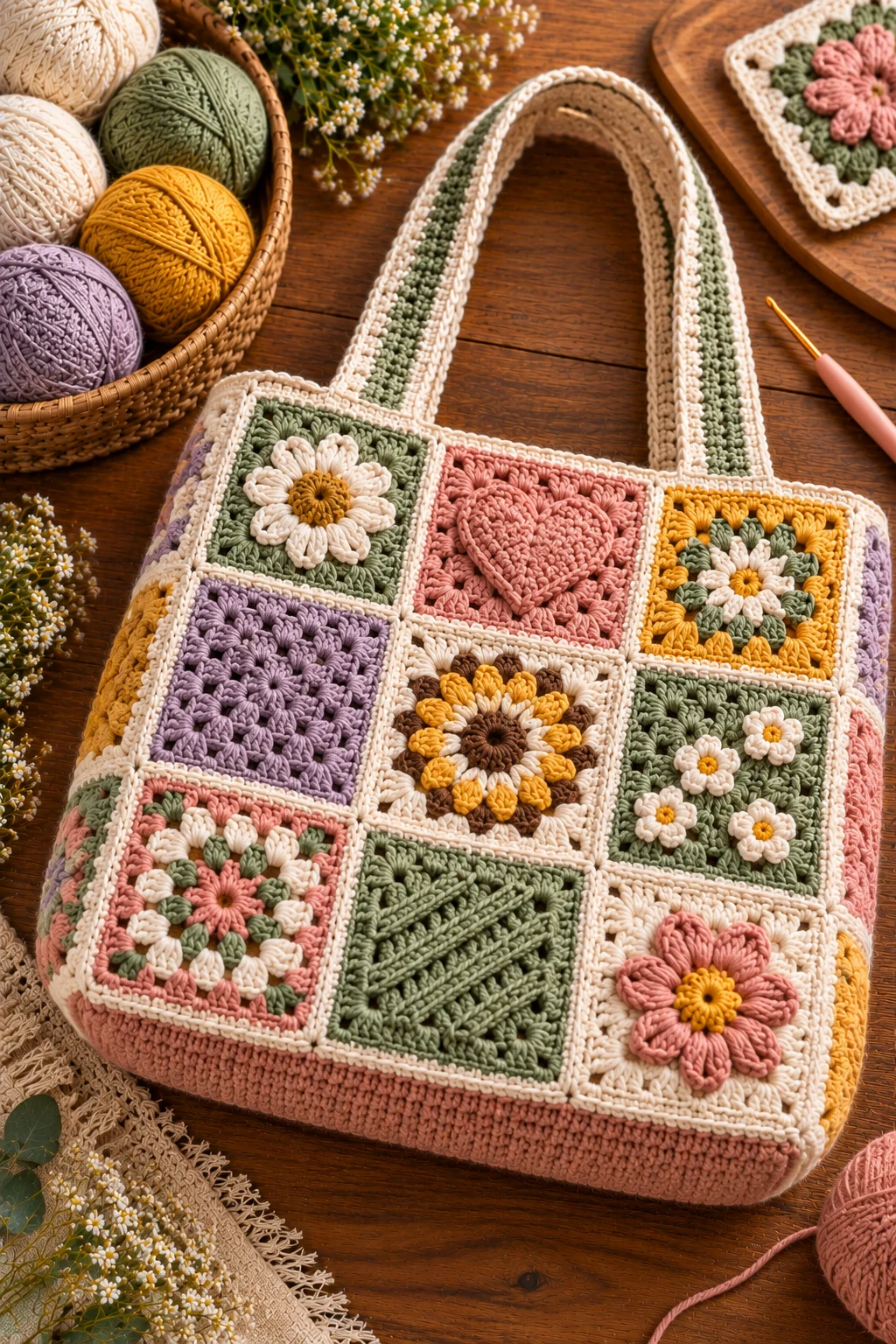 Patchwork Crochet Square Bag — crochet bag square style outfit