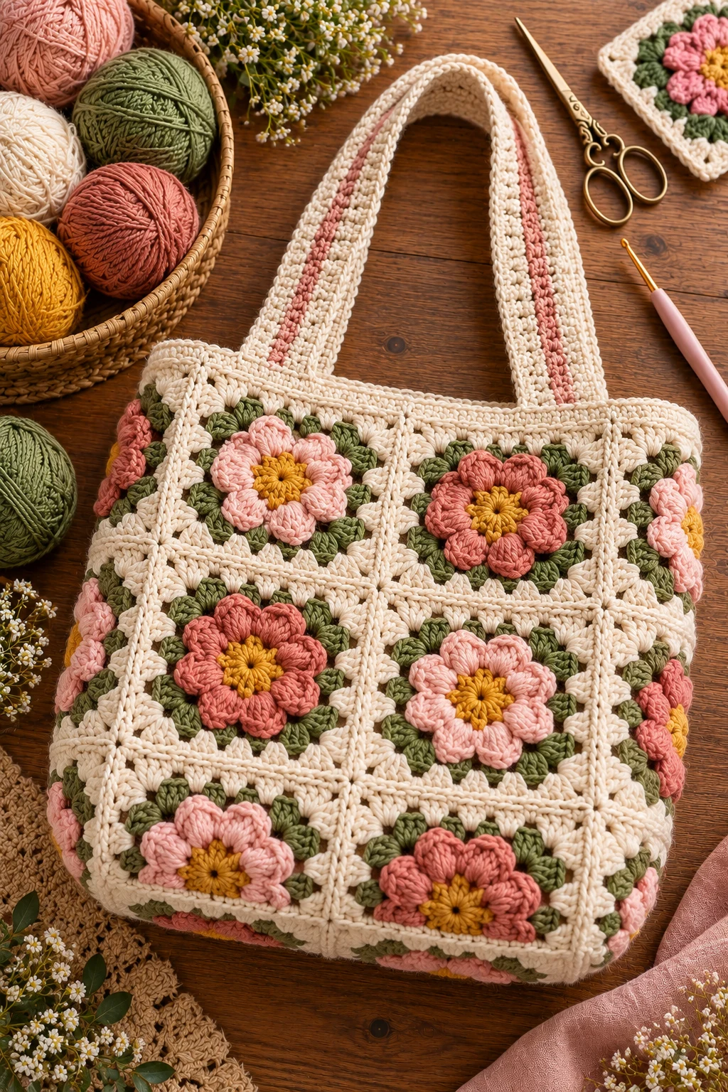 Flower Center Granny Square Bag — crochet bag square style outfit