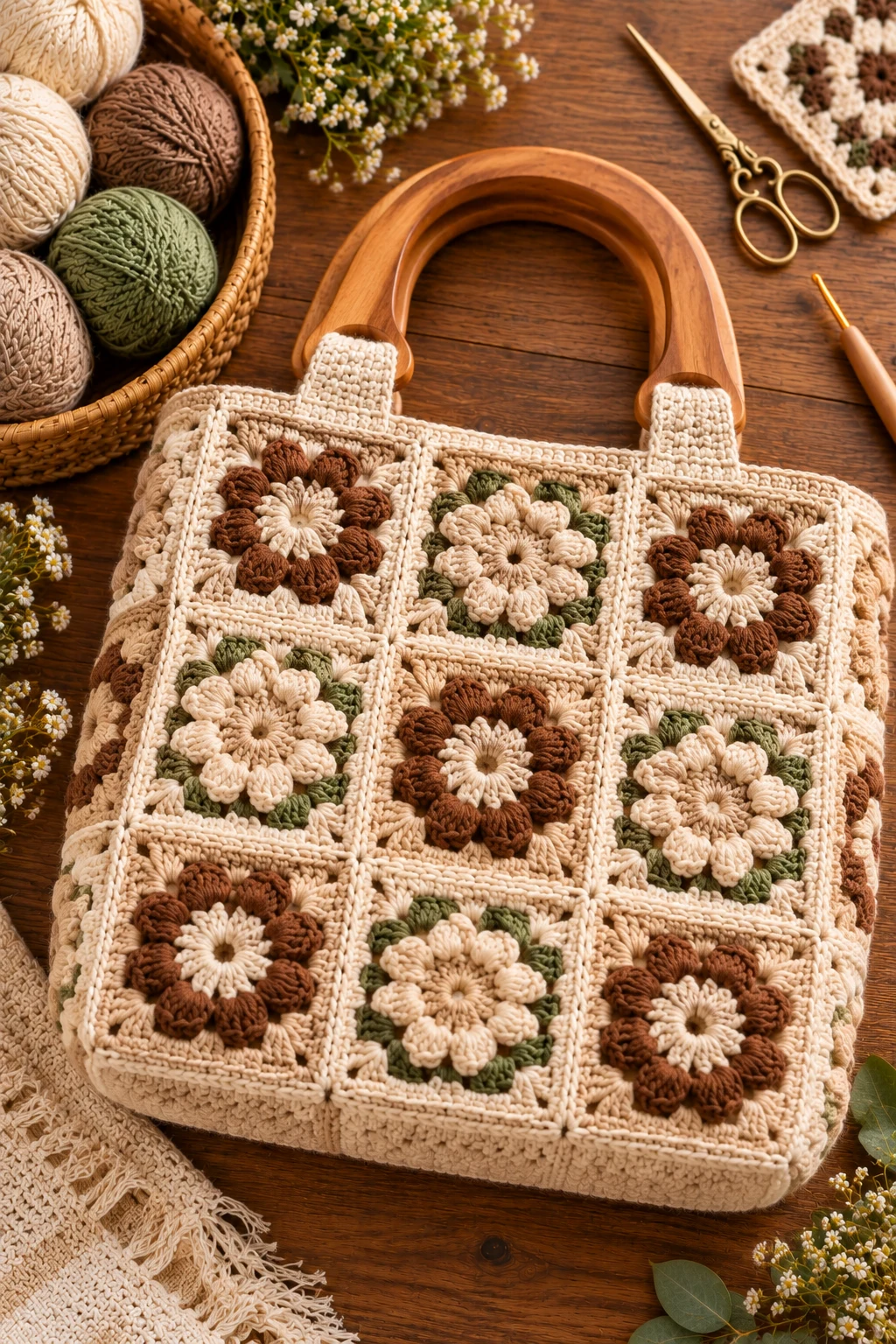 Crochet Square Bag With Wooden Handles — crochet bag square style outfit
