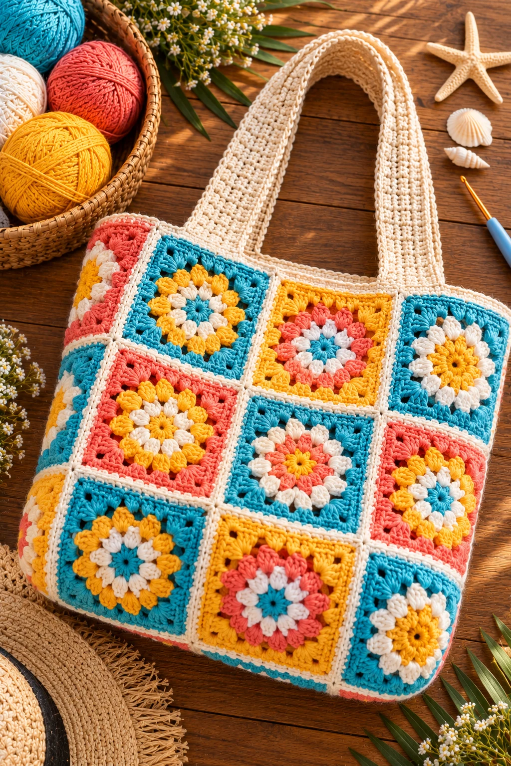 Color-Blocked Beach Crochet Bag — crochet bag square style outfit