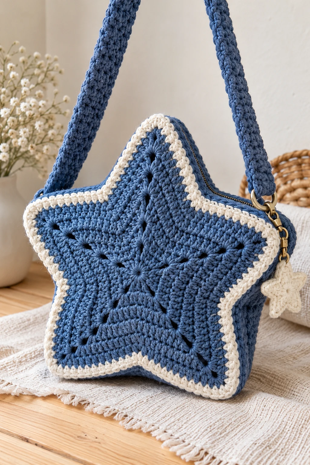 Denim Blue Crochet Bag Star With White Edging — crochet bag star style outfit
