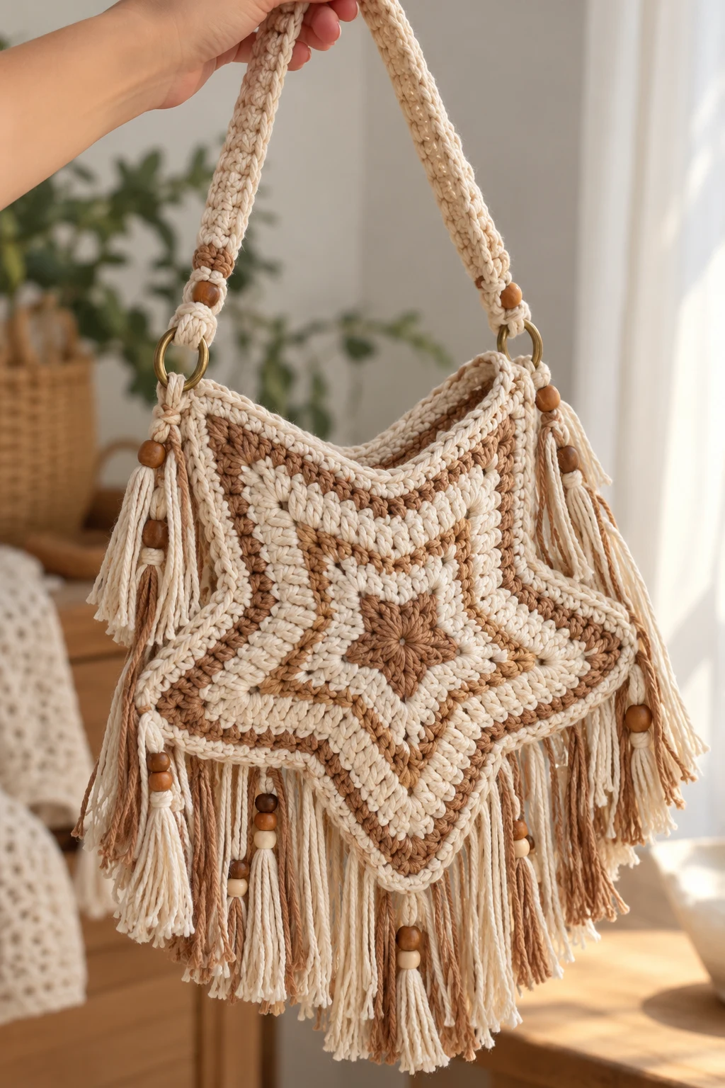 Boho Fringe Star Crochet Shoulder Bag — crochet bag star style outfit