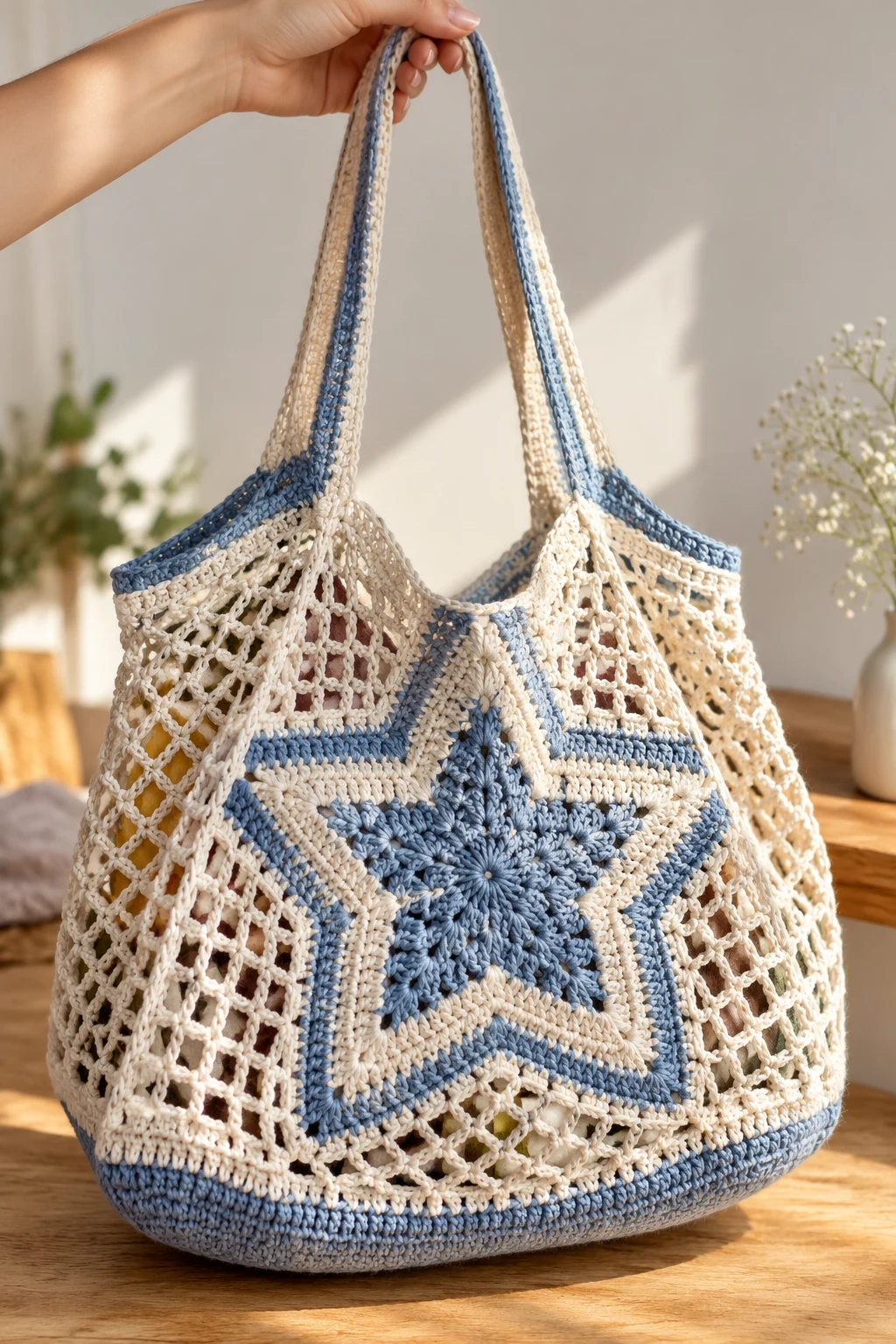 Crochet Star Market Bag With Mesh Sides — crochet bag star style outfit