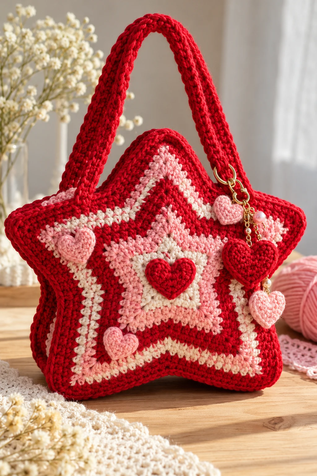 Red and Pink Valentine's Crochet Star Bag — crochet bag star style outfit