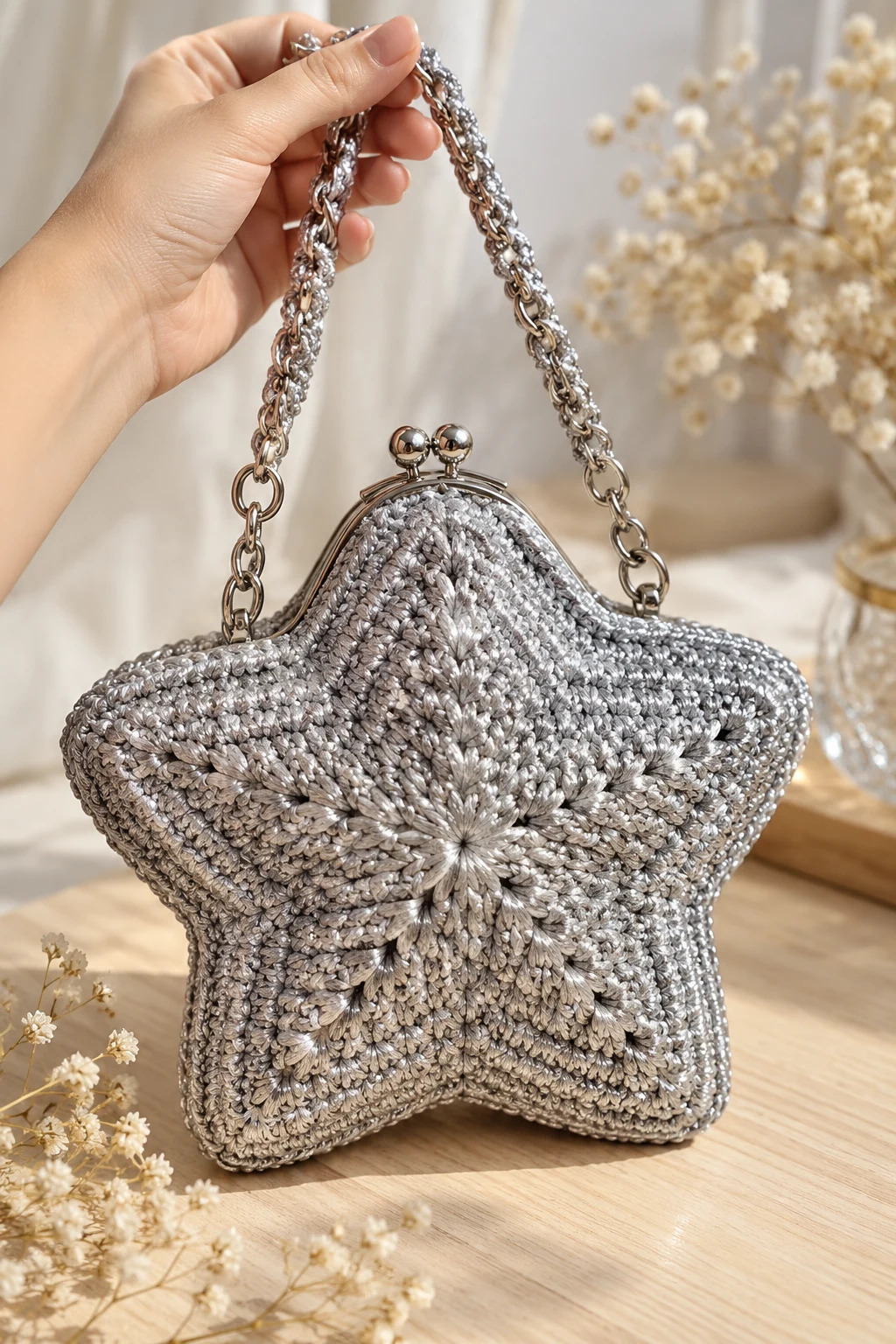 Metallic Silver Crochet Star Evening Bag — crochet bag star style outfit