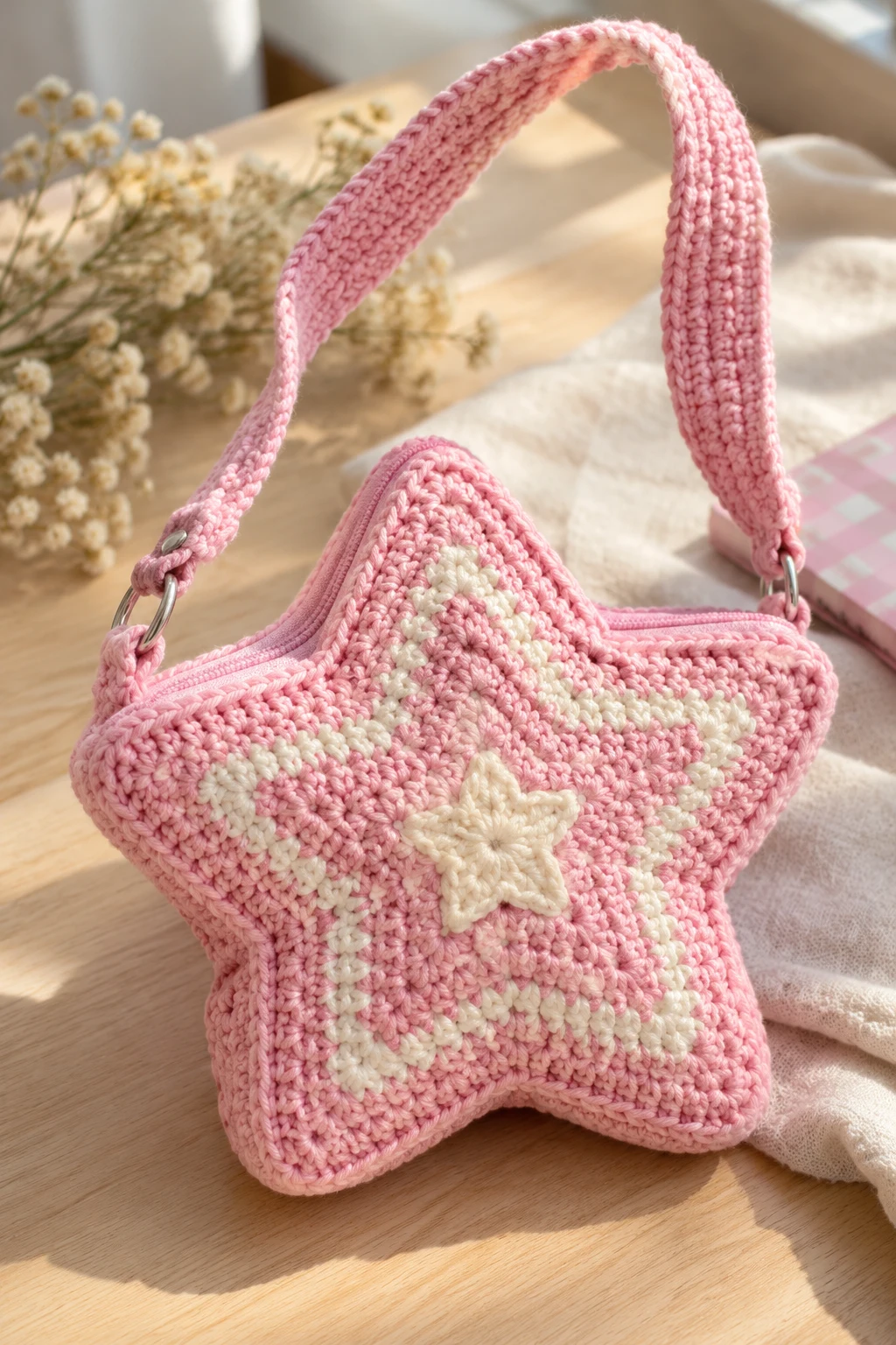 Pastel Pink Crochet Bag Star With Y2K Vibes — crochet bag star style outfit