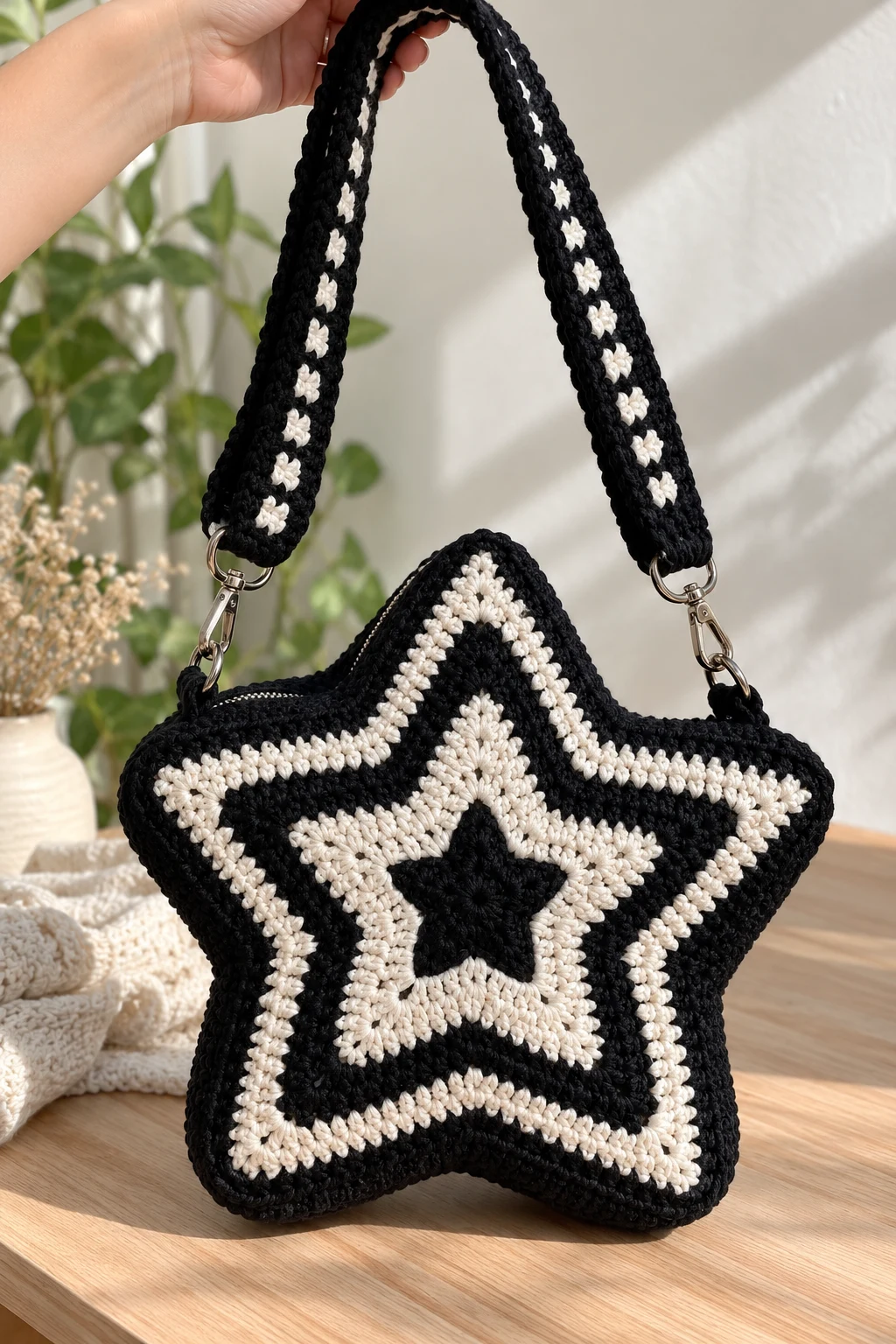 Black and White Gothic Star Crochet Bag — crochet bag star style outfit